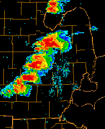 Radar image from July 2, 1997, showing a series of supercell thunderstorms ahead of a cold front in eastern lower Michigan. The supercell over Tuscola County at this time is producing a tornado in northern Genesee County near Clio, MI.