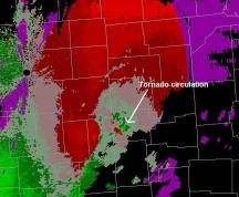 Likely tornado indicated by NWS Northern Indiana Doppler radar 10 Nov 2002 320 pm over Van Wert, OH. The Doppler radar image shows strong in-bound (bright green) winds right next to strong outbound winds (bright red) -- a classic tornadic signature. The ability to detect rotation in storms is one of the key advances in radar capability that Doppler technology brings to the forecasting of tornadoes.