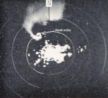 A view of the hook echo associated with the Meriden, Kansas, tornado. Observed by the Topeka Weather Bureau WSR-3 radar. 1831 CST May 19, 1960.