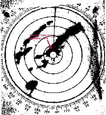 National Weather Service WSR-57 radar image from Detroit Metro Airport, March 20, 1976 at 7:15 pm -- just about touchdown of West Bloomfield tornado. This tornado was rated an F-4 making it the last violent tornado to strike Southeast Michigan.
