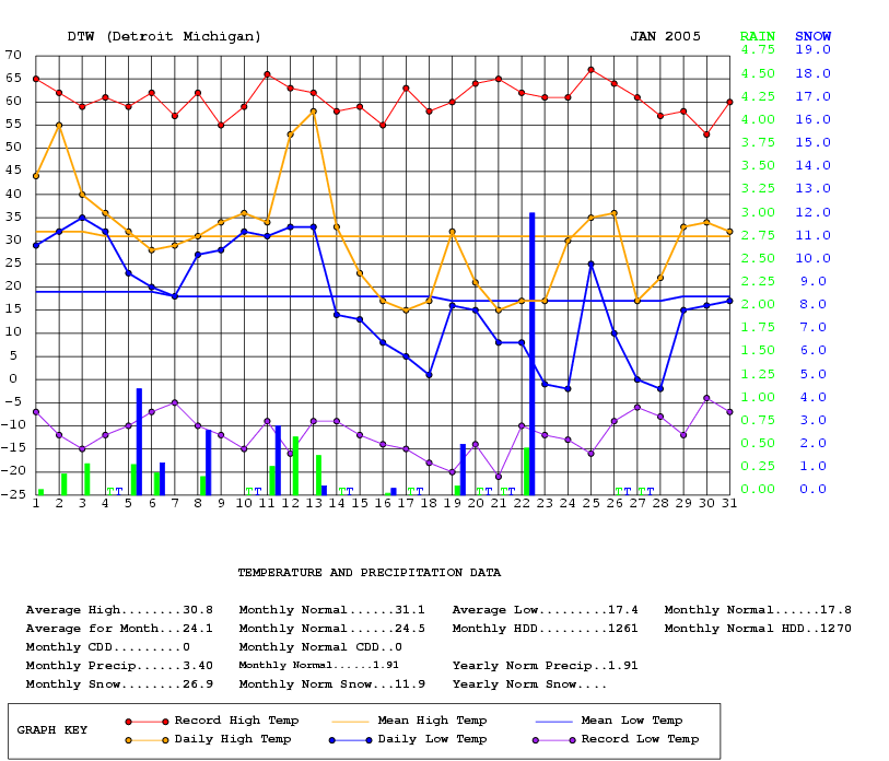 Graph of daily temperature and precipitation for January 2005