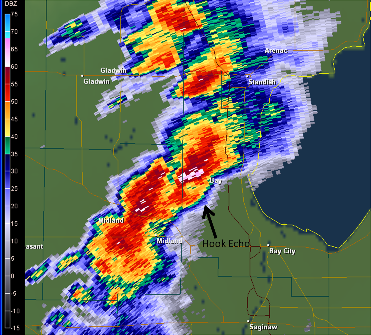 Radar reflectivity indicating the "hook echo" over western Bay County as the tornado was touching down