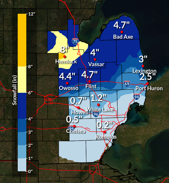 Map showing snowfall reports across Southeast Michigan.