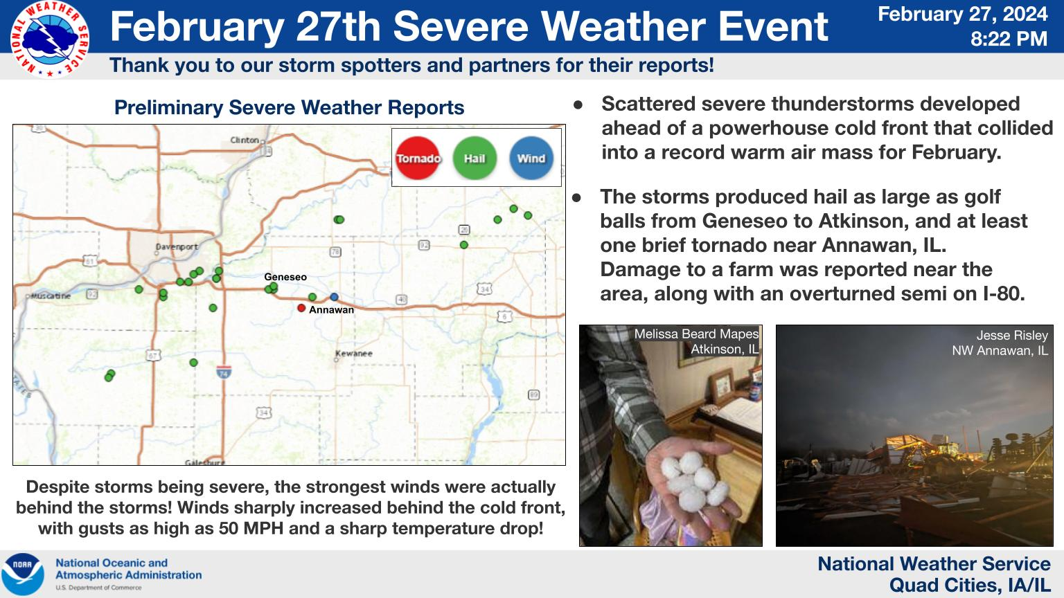 Large Hail & Henry County, IL Tornado then Extreme Temperature Drop:  February 27, 2024