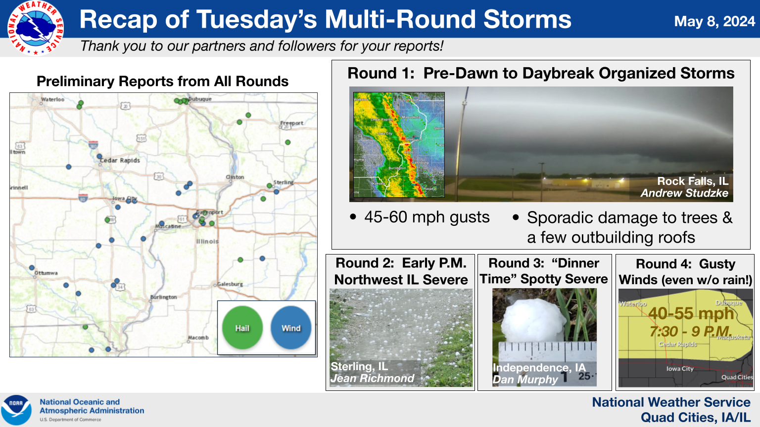 Infographic highlighting Thursday’s multi-round storms. A map of storm reports, and four thumbnails visualizing each round throughout the day.