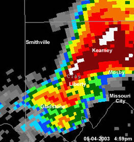 Radar image of tornadic supercell over Clay County Missouri  05-04-2003 4:59pm