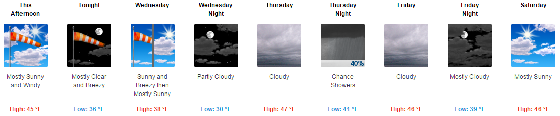 Dual icon example.  Windy/Breezy through Wednesday morning.