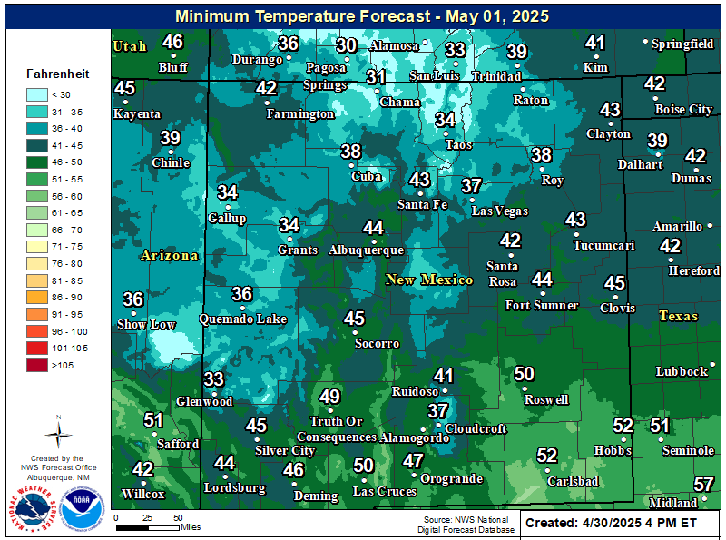 NWS Forecast Low Temps Tonight