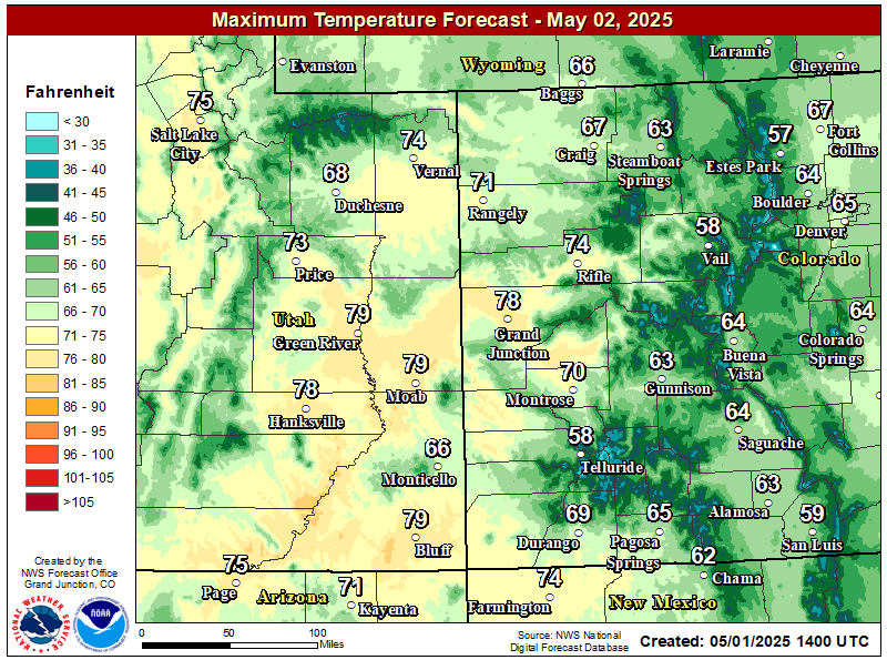 Map of high temperatures for Tuesday