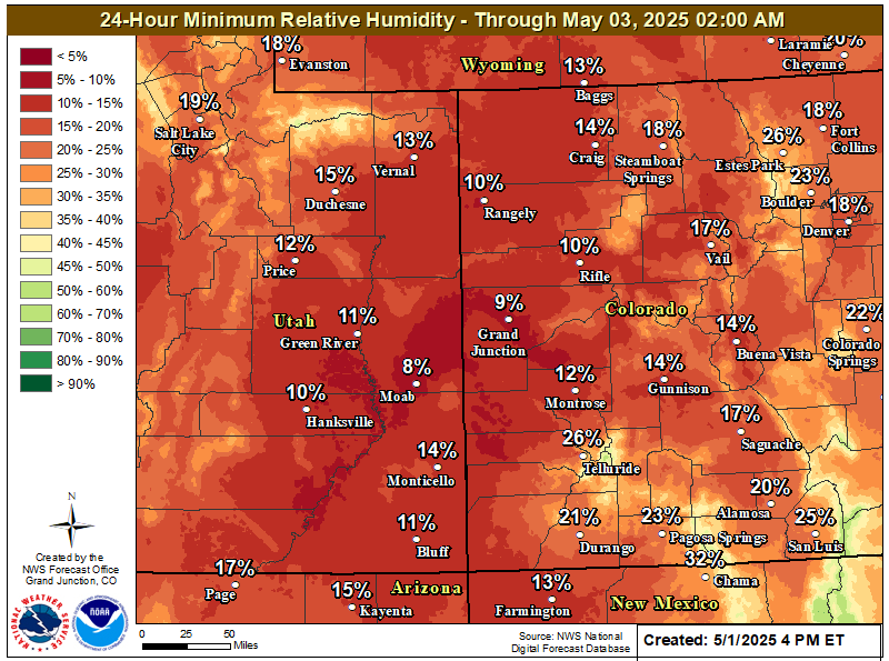 Map of minimum Relative Humidity through Sunday