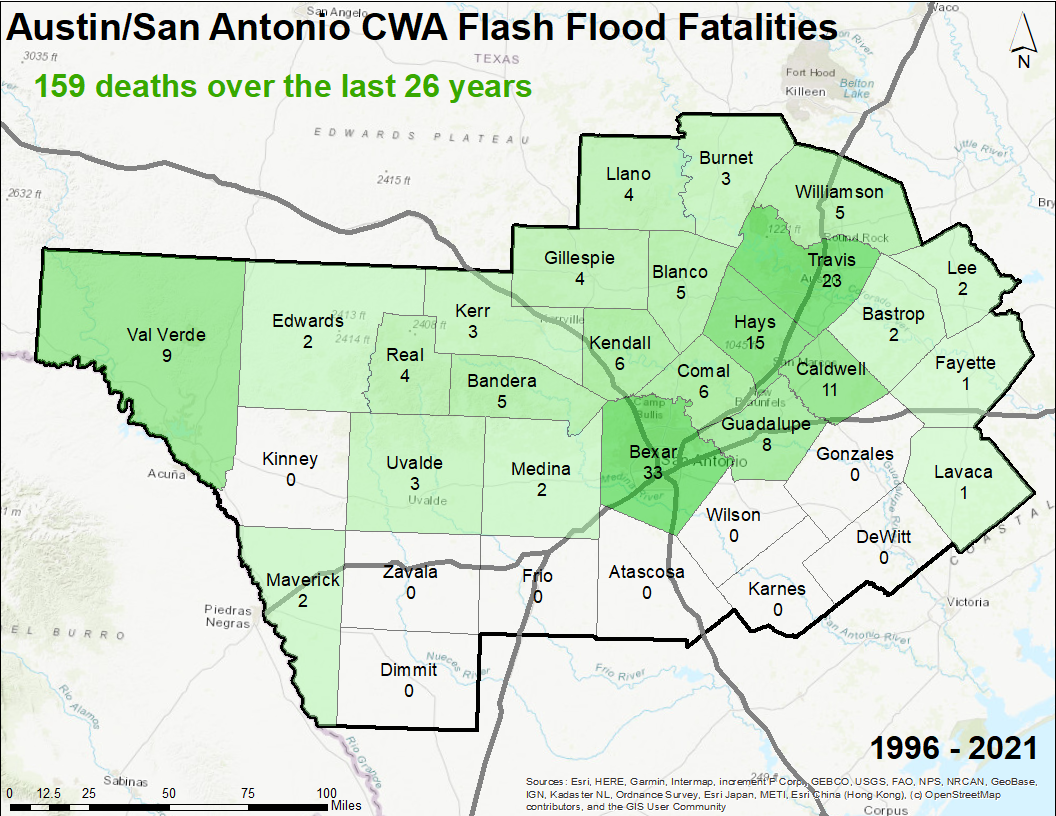 Flash Flood Fatalities within EWX County Warning Area since 1996