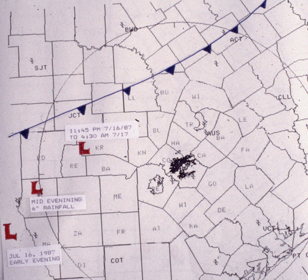 Analysis of surface cold front and position of mid level low late July 16 into early July 17, 1987.