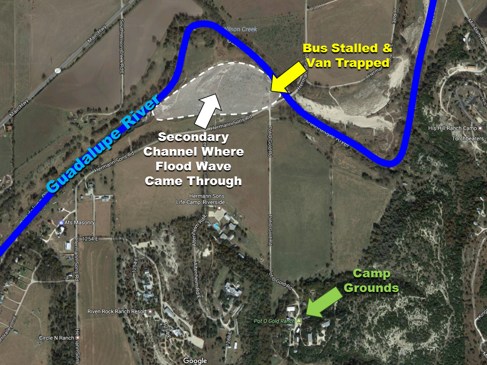 Map of the Pot O' Gold Campgrounds and location where bus stalled and van became trapped.