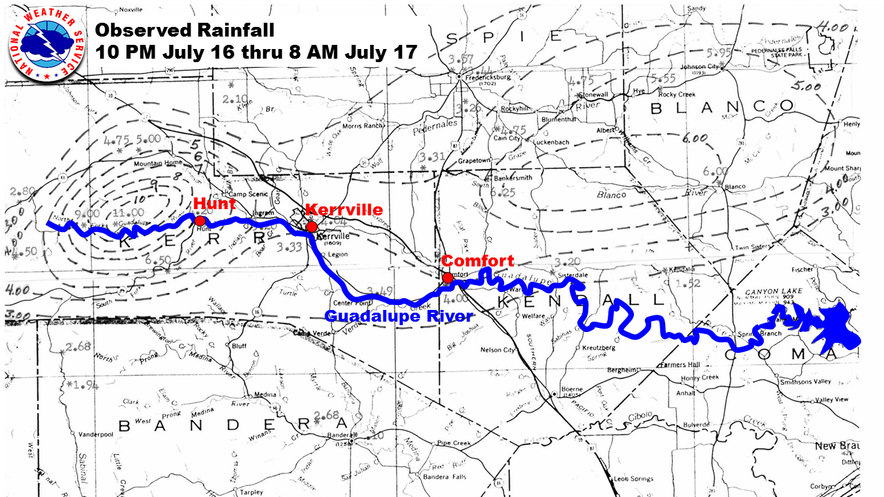 Observed rainfall analysis from July 16-17, 1987 in the headwaters of the Guadalupe River. Amounts are in inches. Observed rainfall. 11.50" fell in the headwaters of the Guadalupe River
