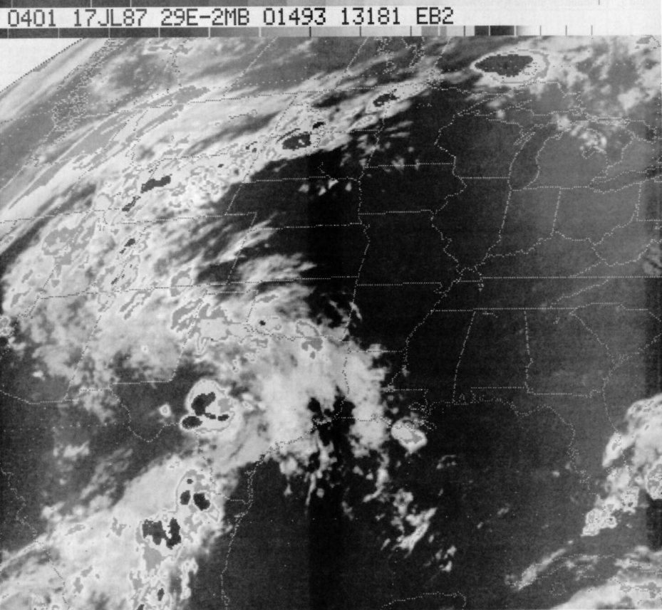  Infrared satellite image taken at 11 PM CDT July 16, 1987 showing storms over the Hill Country of Texas.