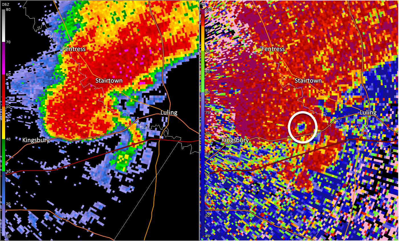 Radar image showing reflectivity (left) and correlation coefficient (right) or a tornadic storm near Stairtown, Tx