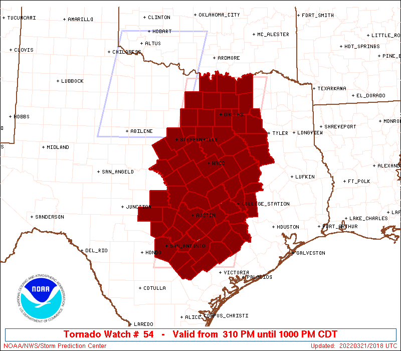 Tornado Watch 54 issued at 3:10 PM on March 21st spanning from south central Texas into north Texas
