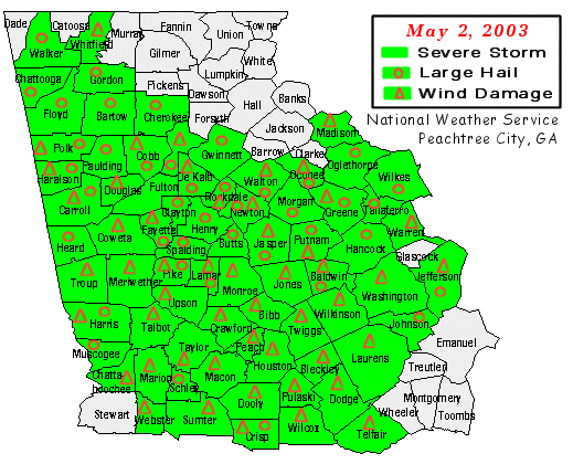 map of counties reporting large hail or storm damage