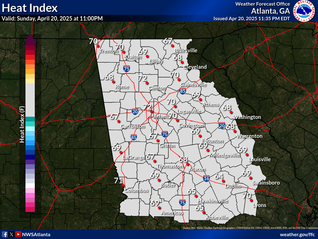 map of latest heat index values