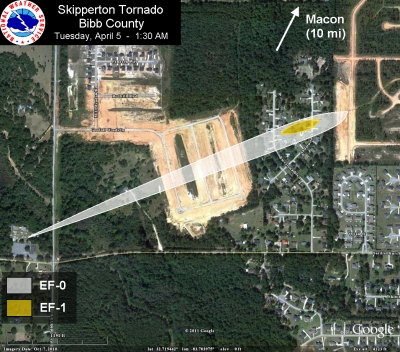 [ Path of EF-1 tornado that struck Bibb County. ]