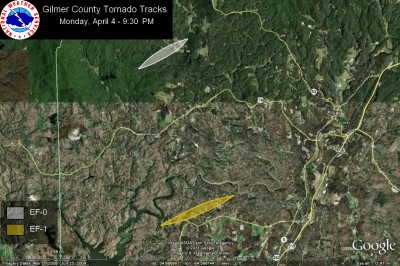 [ Path of EF-0 and EF-1 tornadoes that struck Gilmer County. ]