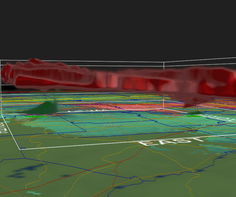 [ 3-D View of Storm Relative Velocity of the tornado as it tracked across Barnesville. ]