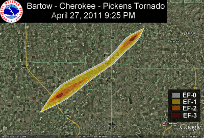[ Path of EF-3 tornado that struck Bartow, Cherokee, and Pickens Counties ]