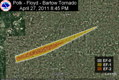 [ Path of EF-2 tornado that struck Polk, Floyd, and Bartow Counties. ]