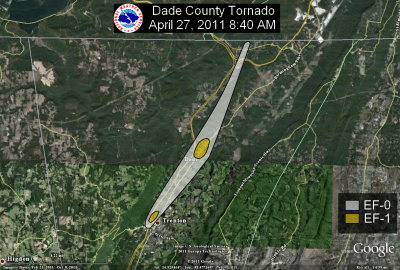 [ Path of EF-1 tornado that struck Dade county. ]