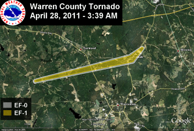 [ Path of EF-1 tornado that struck Warren county. ]