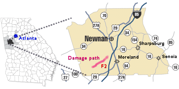 [ damage path south of Newnan and west of Moreland ]