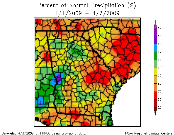 map showing the percentage of rainfall compared to normal for the period of January 1 - April 2, 2009