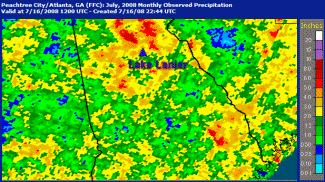 [ Observed precipitation amounts July 1 thru 15, 2008 across North and Central Georgia ]