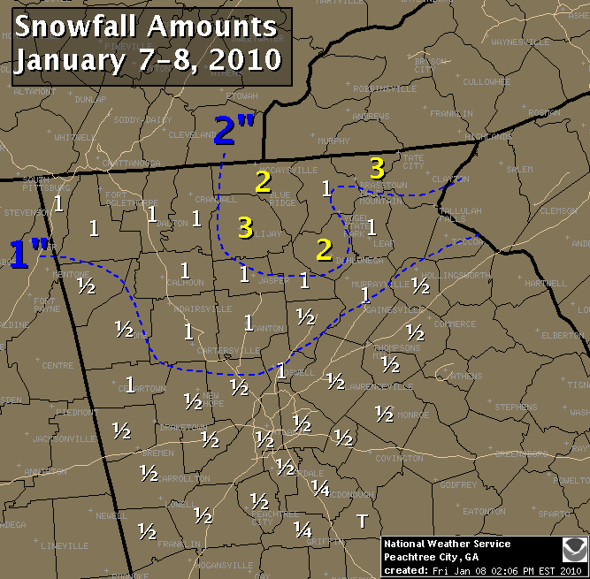 map showing snowfall amounts on January 7, 2010