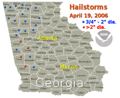 [ map showing counties affected by large hail Apr 19, 2006 ]