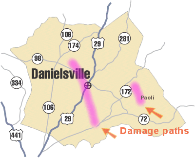 [ damage paths across Madison County ]
