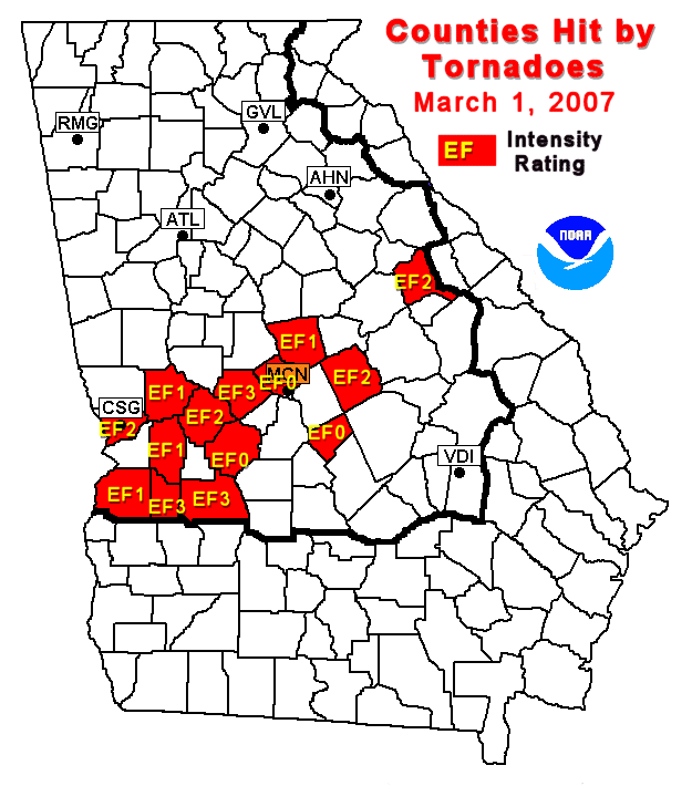 map showing counties hit by tornadoes on March 1, 2007