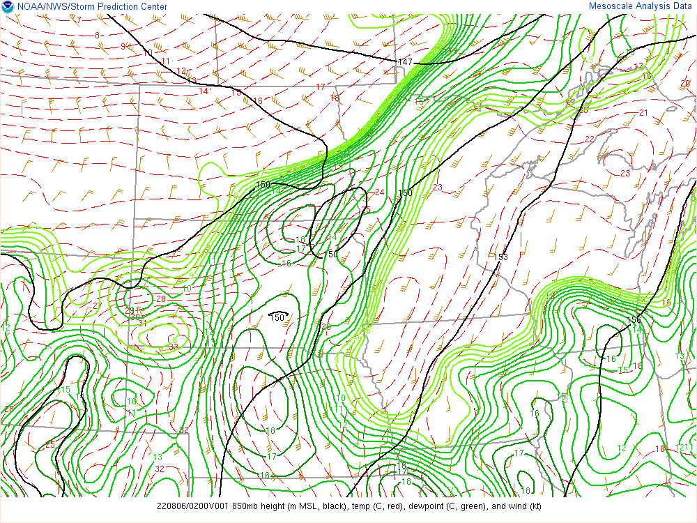 GIF of the 850 millibar level, showing ample moisture in the area of the severe storms, slowly shifting south as the evening goes on.