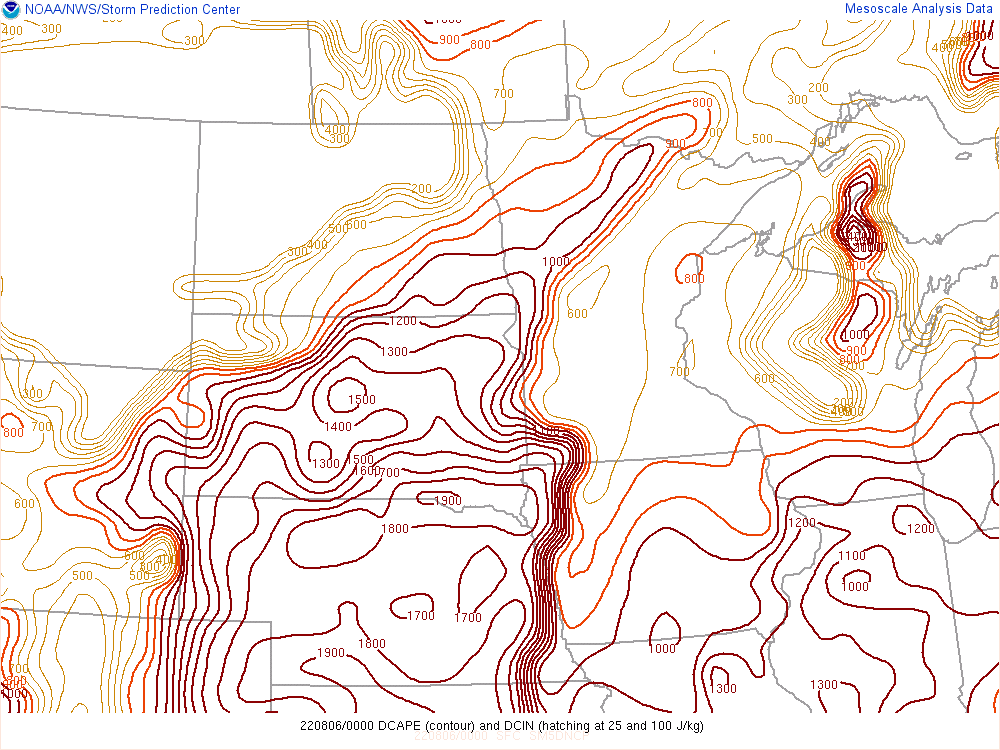 GIF of Downdraft Convective Available Potential Energy in the eastern North Dakota and northwestern Minnesota area. DCAPE starts out at 1100 Joules per kilogram at the beginning of the GIF, decreasing to non-severe levels (less than 1000 Joules per kilogram)