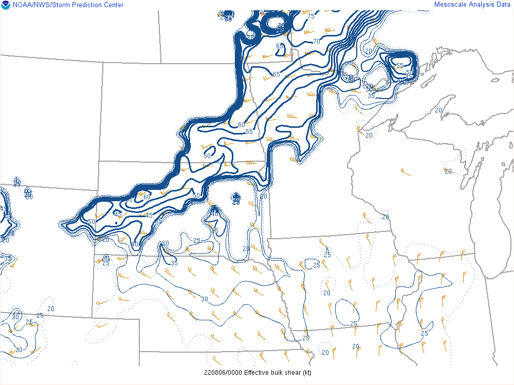 GIF of effective bulk shear in the north Dakota and Minnesota area, showing between 40 and 55 knots present