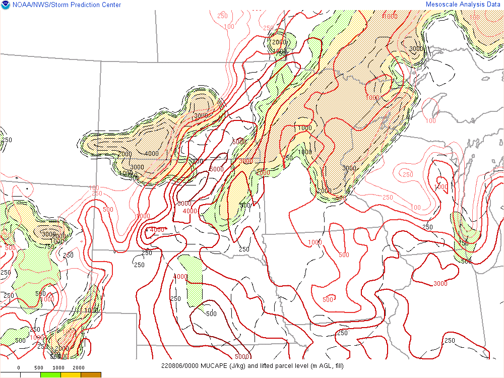 GIF of Most Unstable convective available potential energy in eastern North Dakota and northwestern Minnesota. The GIF shows between 3000 to 4000 joules per kilogram in the area, slowly decreasing as the evening wears on