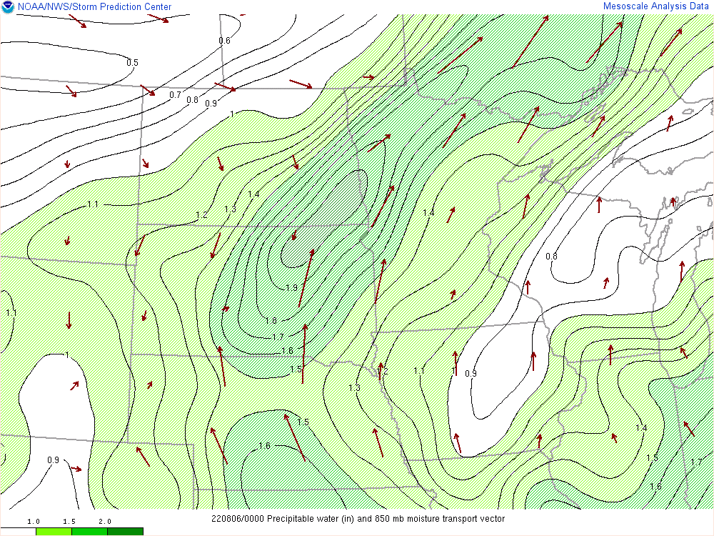 GIF of Precipitable Water in the area. Precipitable Water values of 2.1 inches are being advected into the area, making a potential flash flooding concern