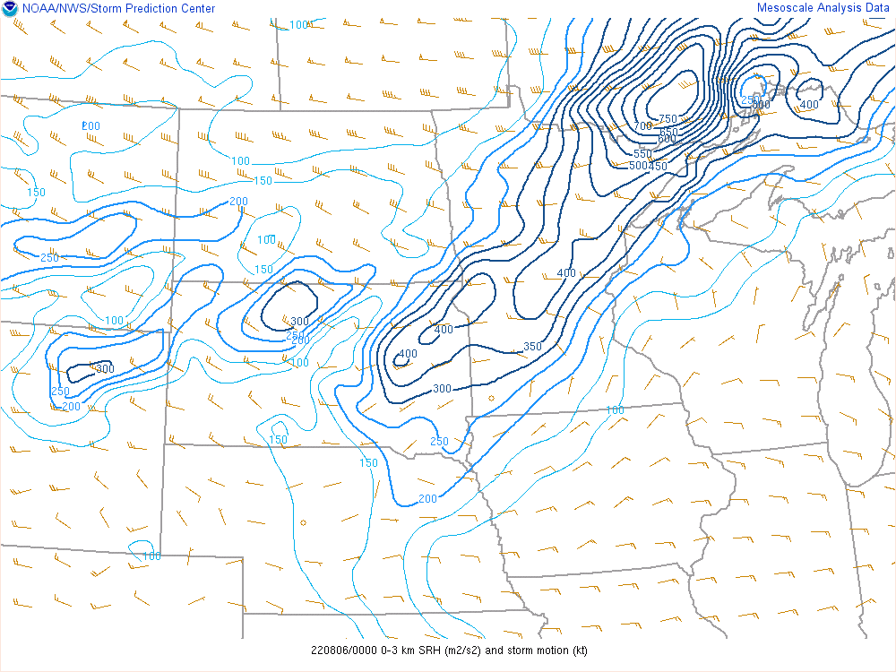 GIF of Storm Relative Helicity in the 0 kilometer to 3 kilometer level. 