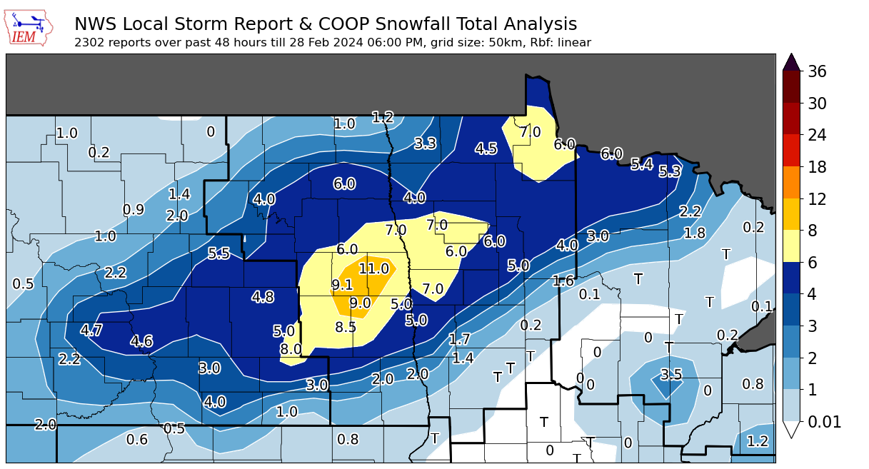 Snowfall map showing storm total snowfall across the area