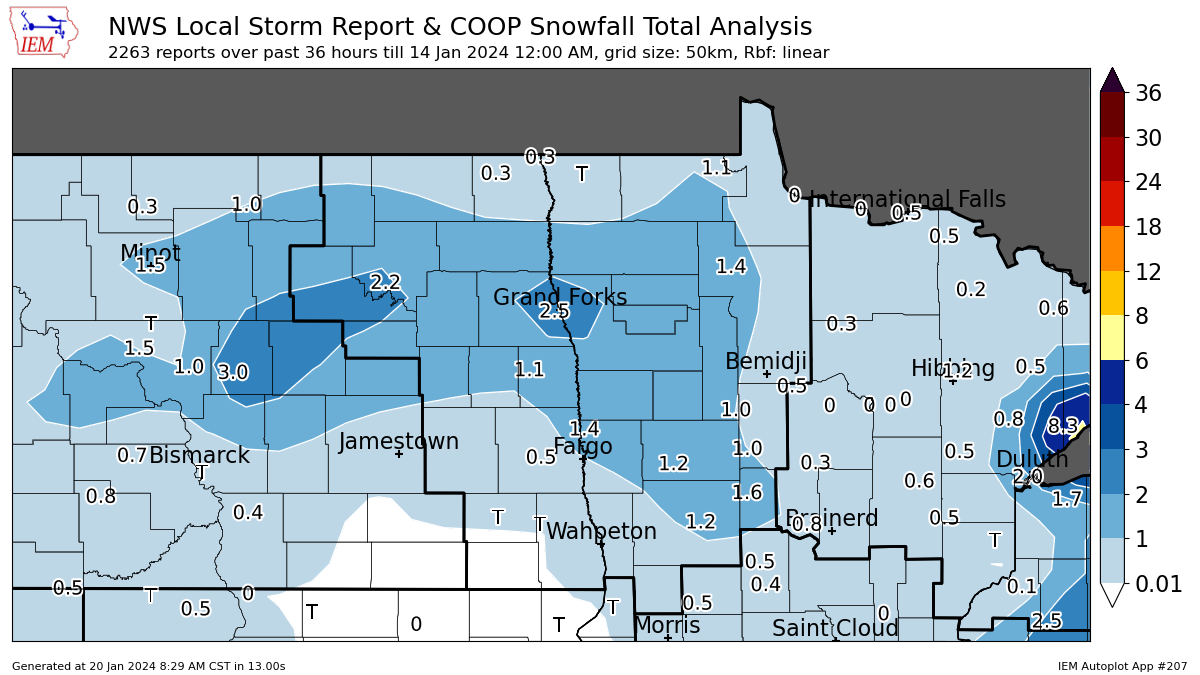 Snow map showing light amounts of 1-2 inches in northeastern ND, and higher amounts near Lake of the Woods in MN