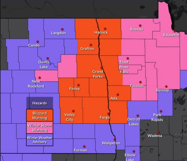 Hazard map showing warnings/advisories the morning of February 27.