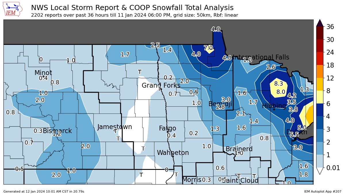 Snow map showing light amounts of 1-2 inches in northeastern ND, and higher amounts near Lake of the Woods in MN