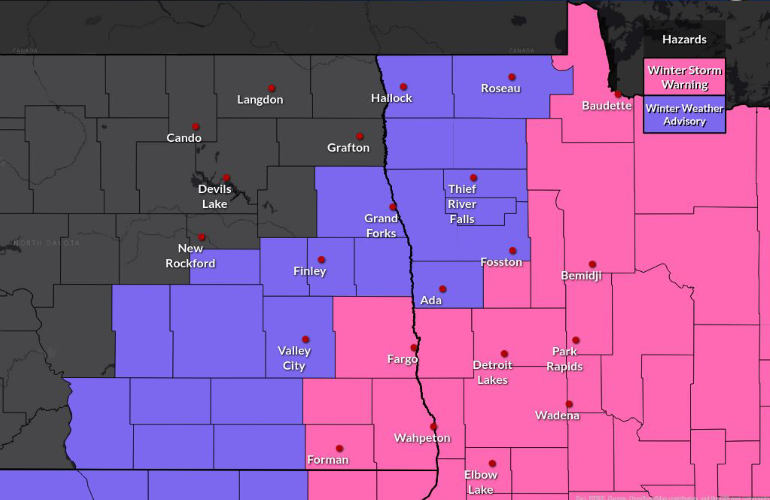 Hazard map showing warnings/advisories morning of March 25th.