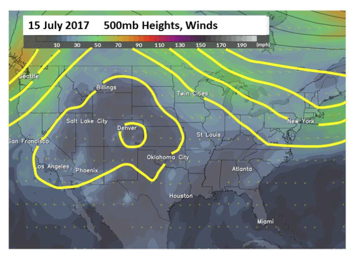 A typical monsoonal weather pattern was in place on July 15th with a ridge of high pressure centered over the southern Great Basin and central Rocky Mountains