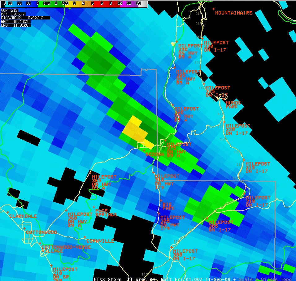 Radar Estimated Rainfall at 6:06 PM on September 10, 2009.